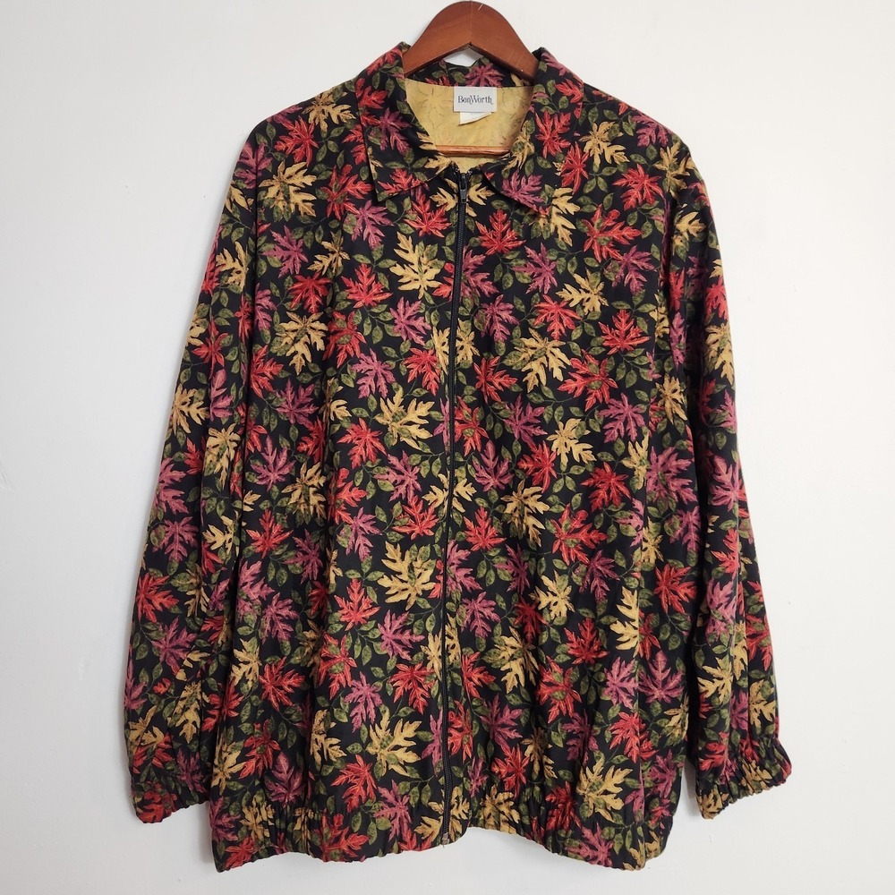 Vintage BonWorth XL Zip Front Jacket Fall Leaves Collared Cottagecore